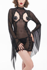 Robes gothiques pour femmes en dentelle noire à col montant, sexy, avec perspective ouverte sur la poitrine et manches évasées, avec autocollants pour la poitrine